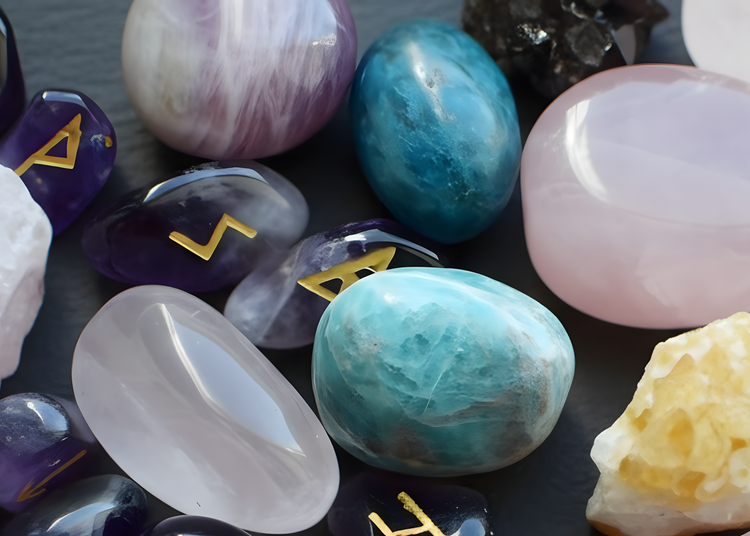 Collection of colorful crystals and stones on a dark surface